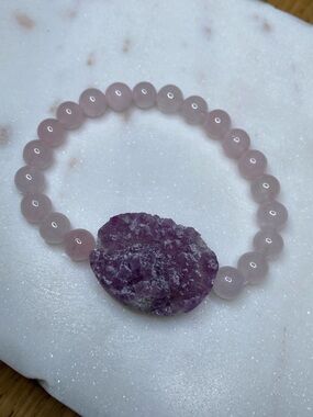 Raw Purple Fluorite & Rose Quartz Bracelet • Natural Heart Crystal Focal